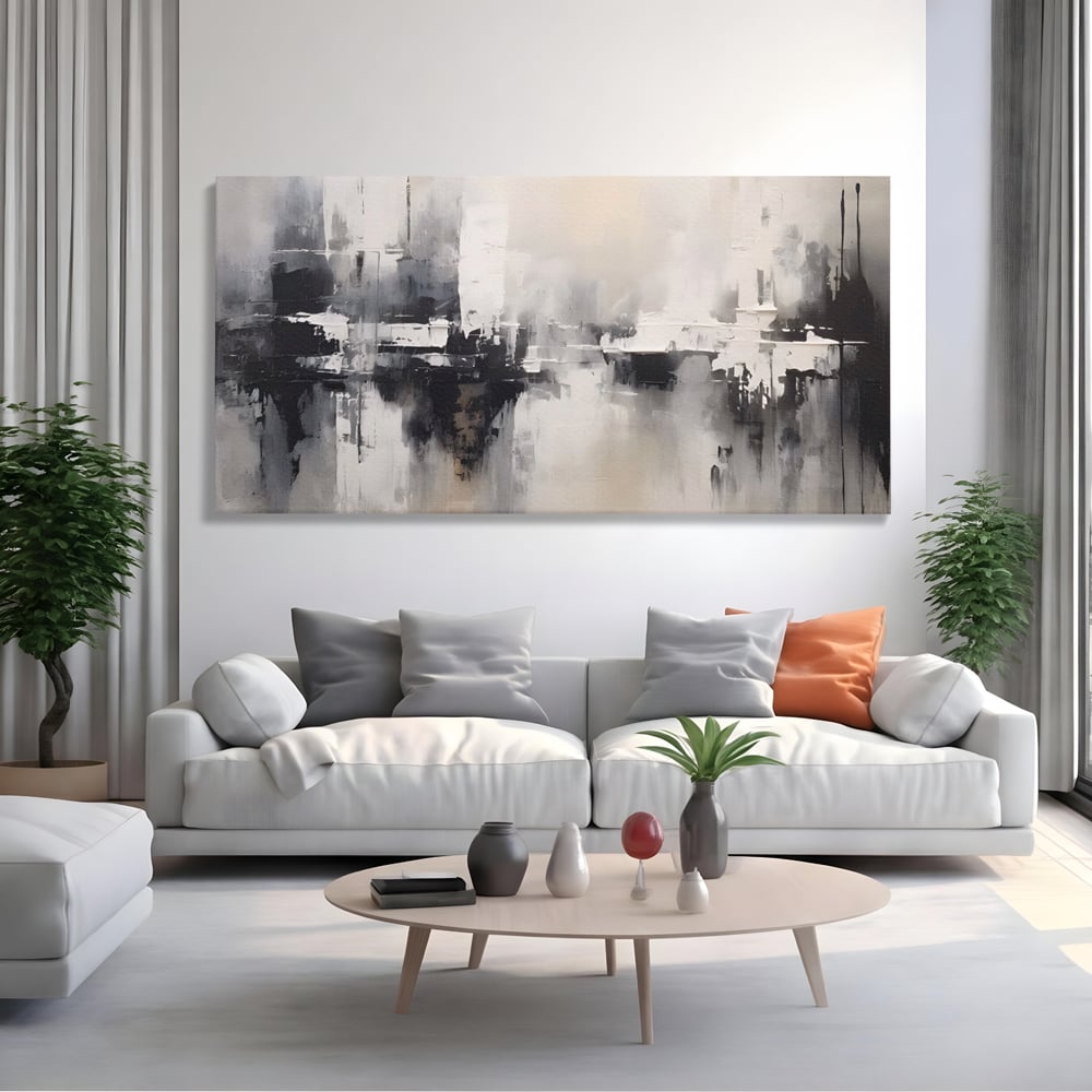 Tablou canvas cu tablou canvas cu peisaj urban abstract gri, fara rama, pe sasiu de lemn, pe perete intr-un living